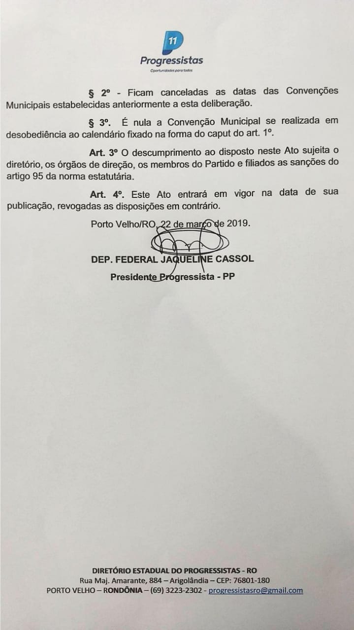 ATO 001/2019 - Dispõe sobre o calendário das Convenções Municipais para as eleições dos Progressistas em Rondônia - noticias - progressistas rondonia