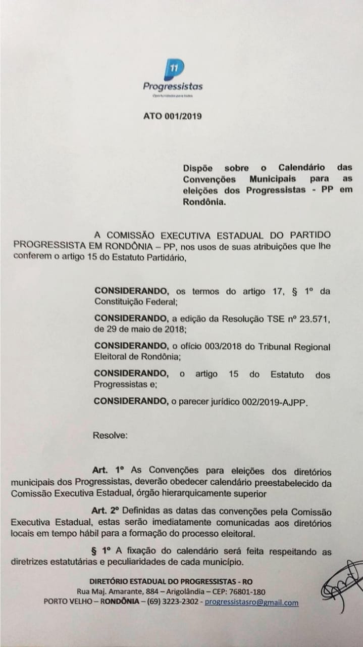 ATO 001/2019 - Dispõe sobre o calendário das Convenções Municipais para as eleições dos Progressistas em Rondônia - noticias - progressistas rondonia